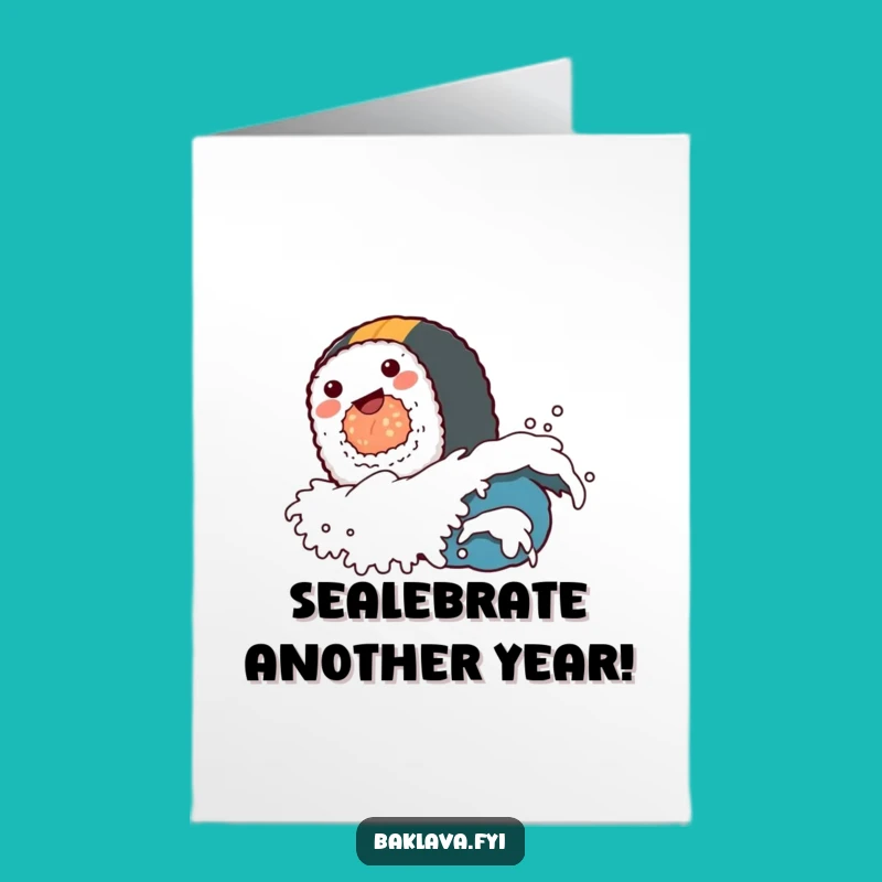 Free Printable Sushi Birthday Card: Funny Roll Rides Wave for a Hilarious Downloadable Gift