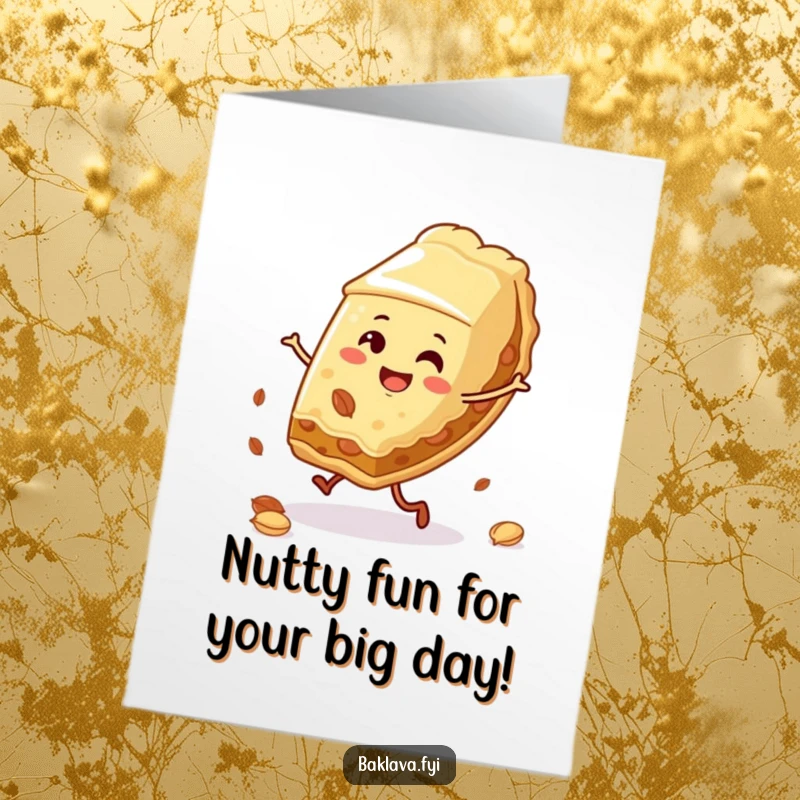 Funny Free Printable Birthday Card: Smiling baklava does a cartwheel with nuts, spreading birthday cheer.