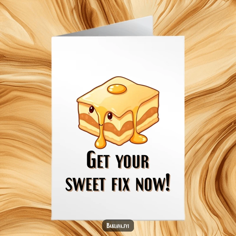 Funny Free Printable Birthday Card featuring a wiggling slice of baklava with delicious syrup dripping, promising a sweet time.