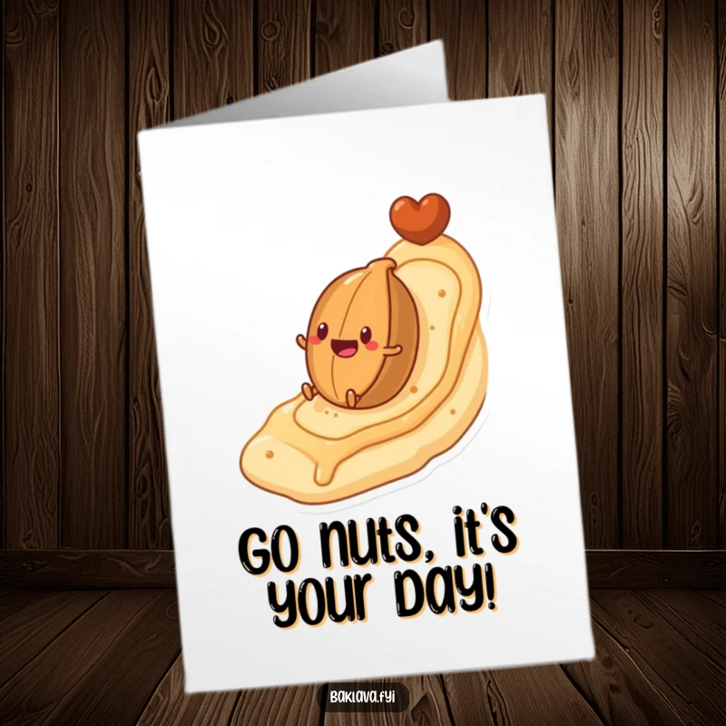 Funny Free Printable Birthday Card: Adorable nut character joyfully rolling down a flaky pastry-shaped hill.
