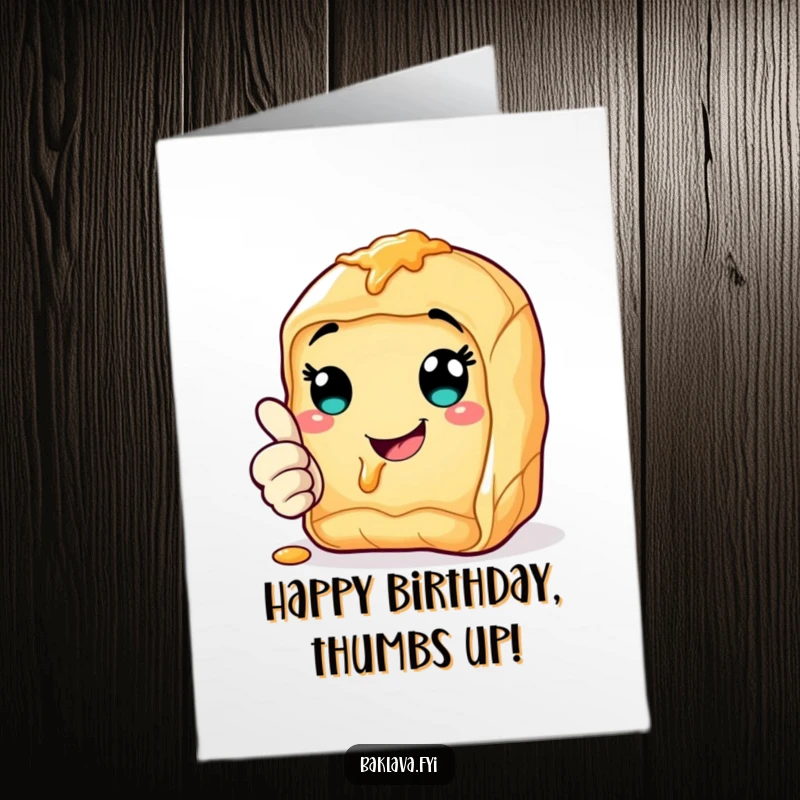 Funny Free Printable Thumbs Up Baklava Birthday Card: Cheerful pastry with syrupy smile giving a big thumbs up.