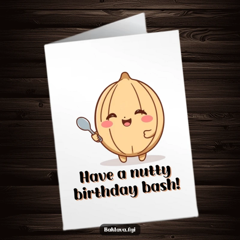 Funny Free Printable Walnut Birthday Card: A happy walnut winking mischievously and holding a tiny spoon.