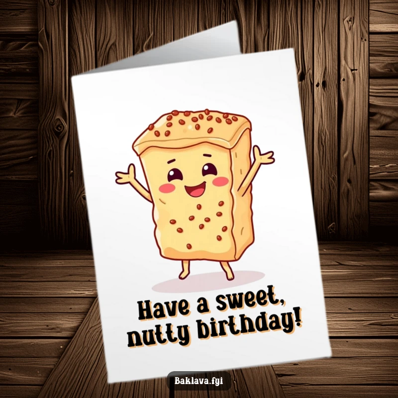 Funny Free Printable Birthday Card featuring a smiling piece of baklava happily dancing, spreading joy and sweetness.