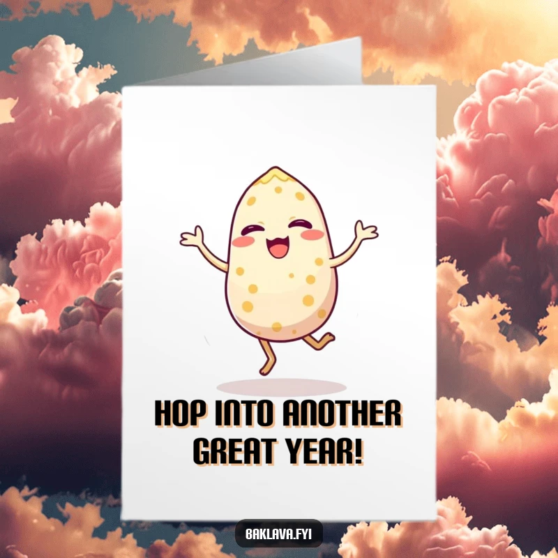 Funny Free Printable Birthday Card: A happy sesame seed doing a high-energy hop with excitement, perfect for a cheerful greeting.