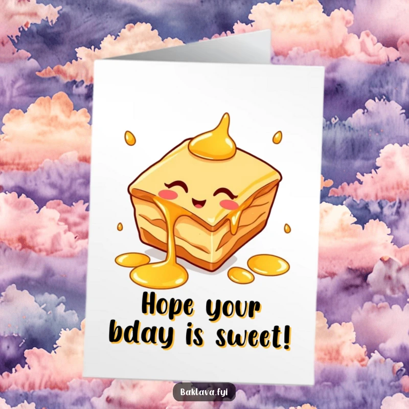 Funny free printable birthday card featuring a cheerful baklava slice skillfully juggling dripping honey, celebrating a sweet occasion.