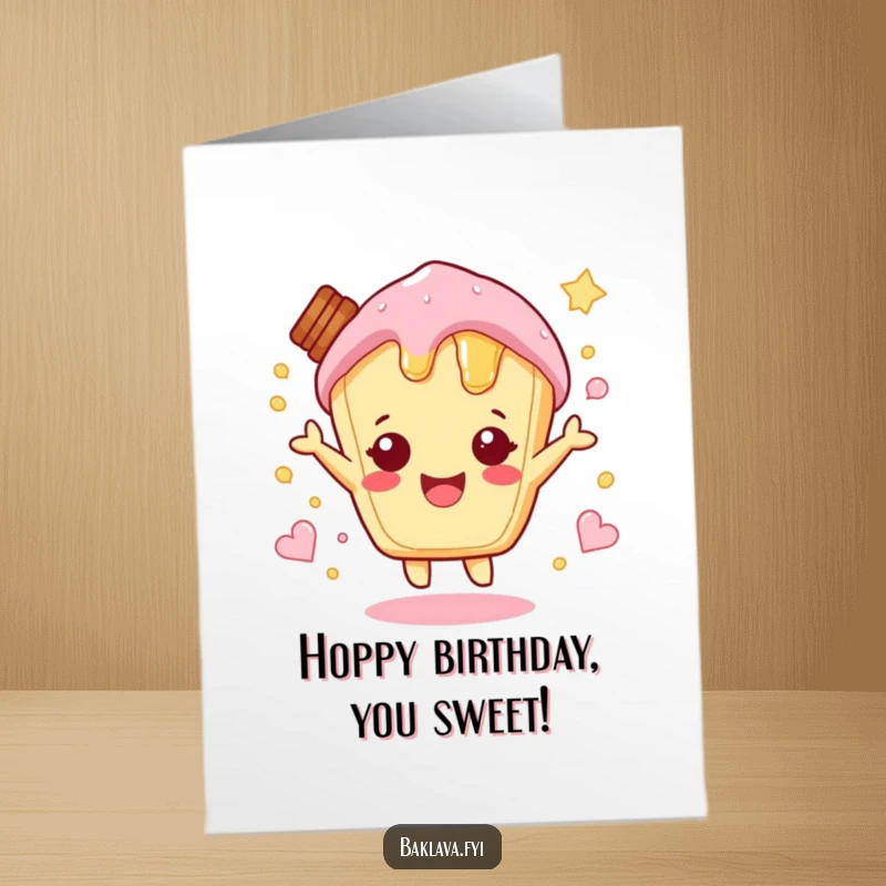 Funny Free Printable Birthday Card: A sweet honey pastry hopping with pure excitement, ready to party.