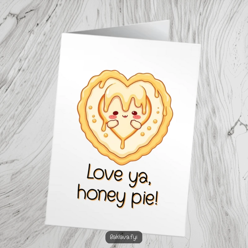 Funny Free Printable Birthday Card: Honey drizzle character forming a heart shape around a baklava.