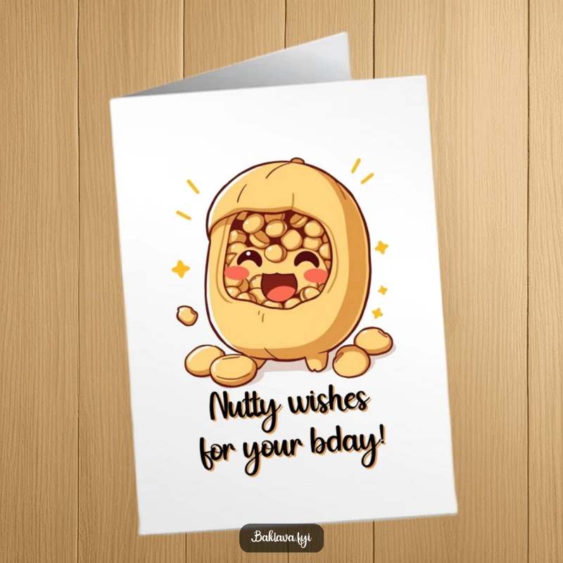 Funny free printable birthday card featuring a playful nut filling excitedly bursting, conveying birthday cheer and energy.