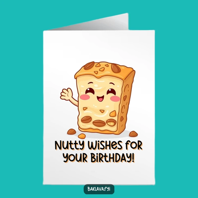 Free Printable Baklava Birthday Card: Cheerful Nutty Slice Waving Hello Funny Downloadable Gift
