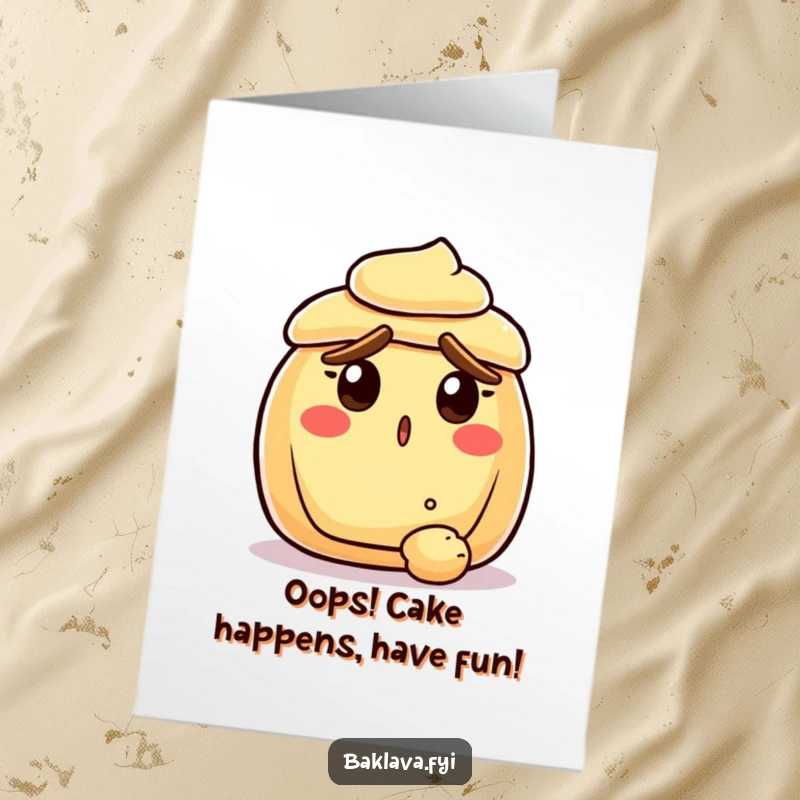 Funny Free Printable Birthday Card: A surprised pastry with raised crust eyebrows, watching a crumb fall.