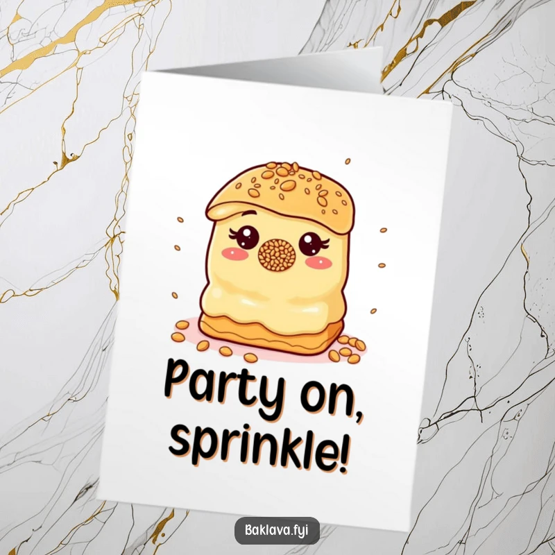 Funny Free Printable Birthday Card: Playful baklava with sprinkle nose juggles sesame seeds, adding chaotic fun to birthday wishes.