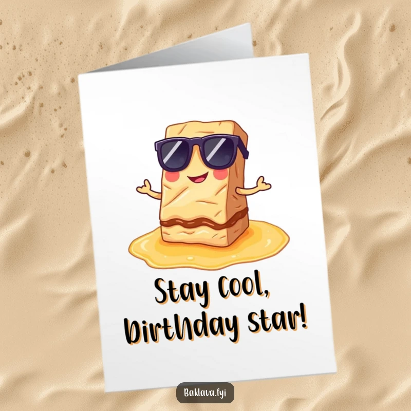 Funny Free Printable Birthday Card: Happy baklava in sunglasses poses coolly on a syrup puddle, celebrating a stylish birthday.