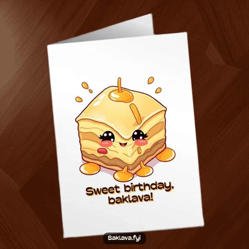 Funny Free Printable Birthday Card featuring a winking baklava piece juggling syrup bottles with a playful expression.