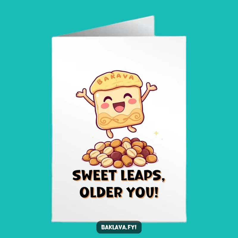Free Printable Birthday Card: Funny Leaping Baklava Character Jumping for Joy Downloadable Gift
