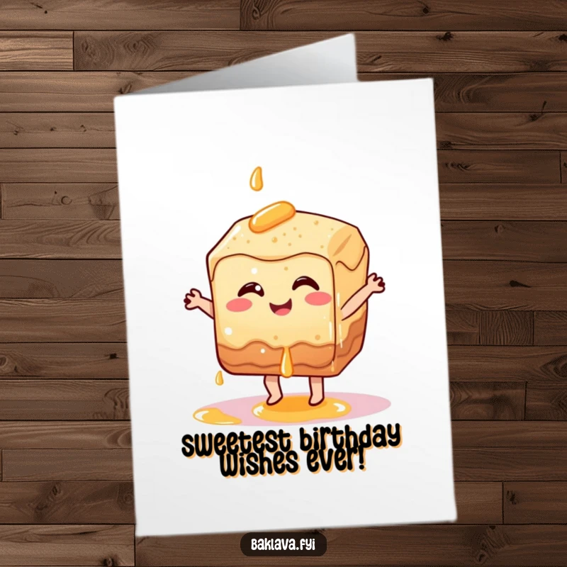 Funny Free Printable Birthday Card: A smiling baklava slice happily dancing with sticky syrup dripping, pure joy.