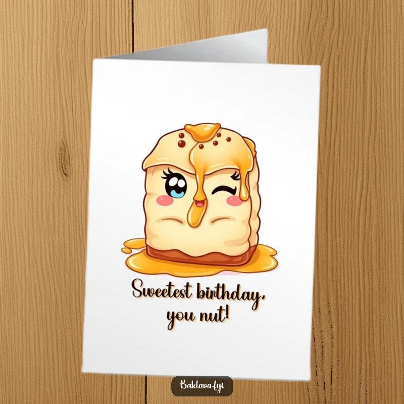 Funny Free Printable Winking Baklava Birthday Card: Cheeky pastry winking and offering a delicious syrup drizzle.