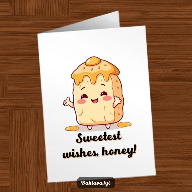 Funny Free Printable Birthday Card: Smiling baklava with arms hugs a giant honey pot, spreading sweet birthday cheer.