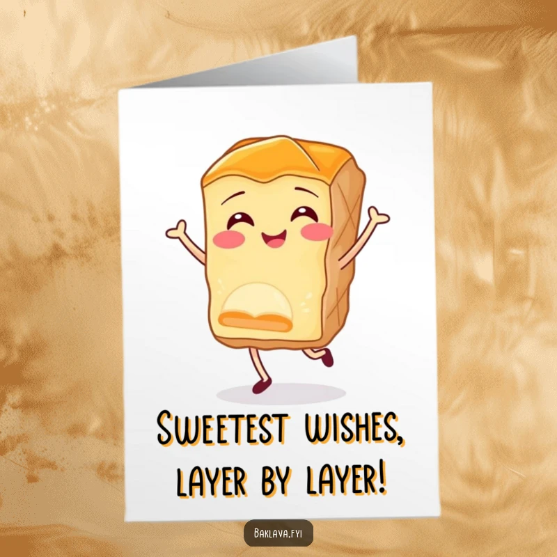 Funny Free Printable Baklava Birthday Card: A smiling baklava piece doing a joyful jig, spreading happiness.