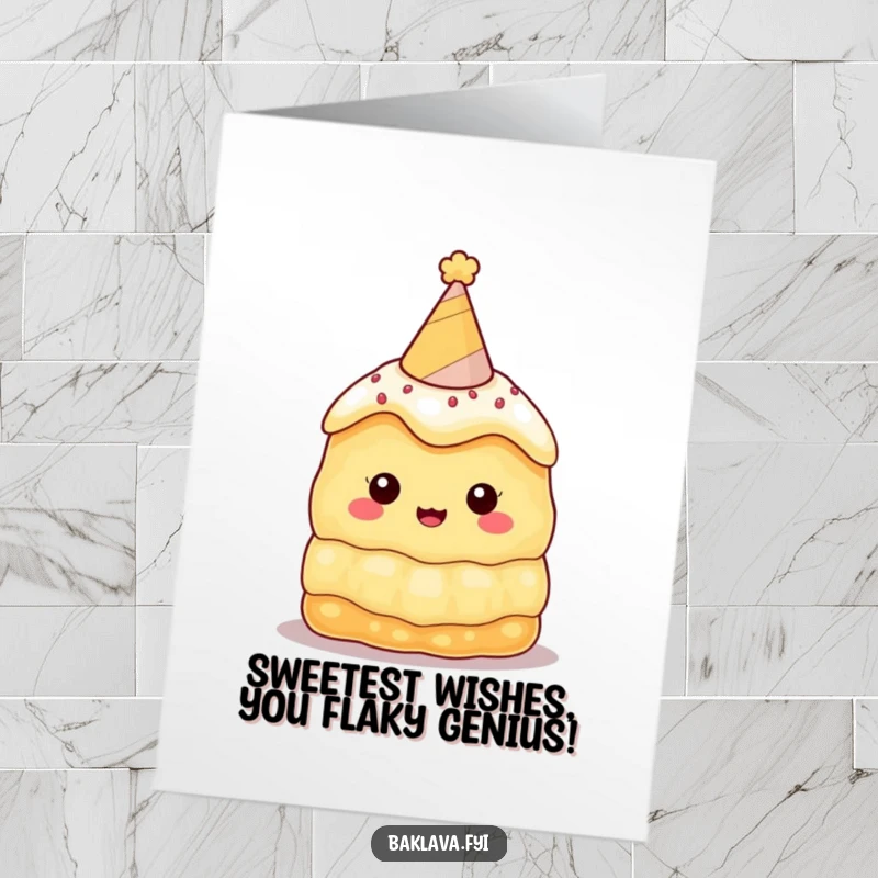 Funny Free Printable Birthday Card featuring a cute baklava character with a tiny party hat, ready to celebrate a birthday with sweetness.