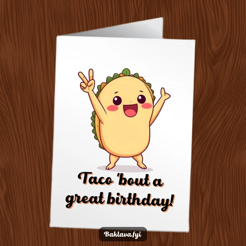 Funny free printable birthday card featuring a playful taco doing a victory dance, celebrating a birthday with fiesta-fueled joy.