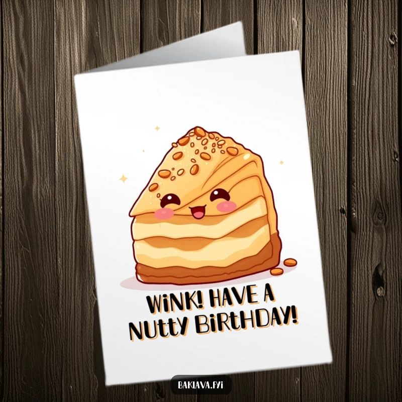 Funny Free Printable Birthday Card: A baklava slice winking playfully with a dusting of nuts, cheeky birthday.
