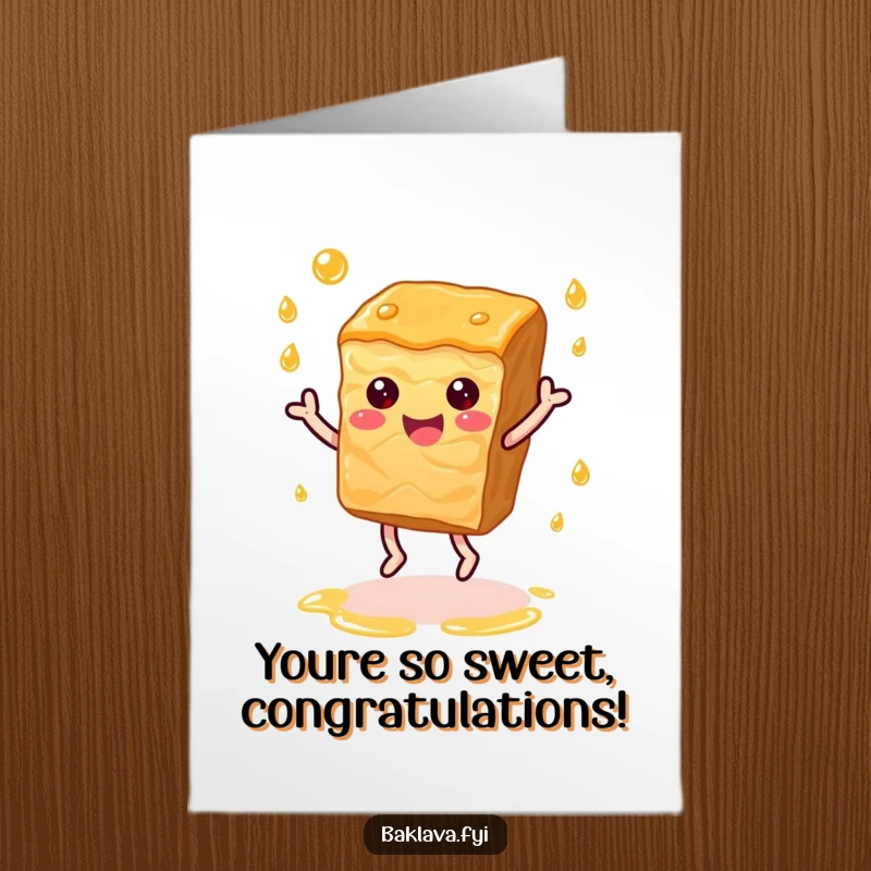 Funny Free Printable Congratulations Card: A happy baklava slice dances amidst syrup droplets, celebrating.