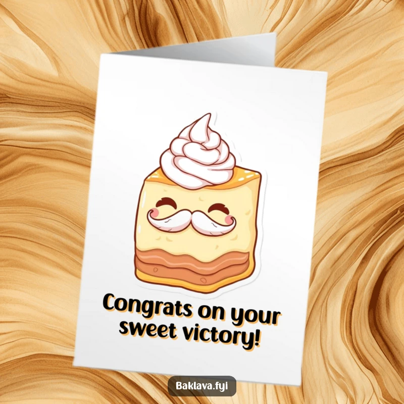 Funny Free Printable Congratulations Card: A playful baklava wedge with a whipped cream mustache winking, offering a cheeky congratulations. Downloadable art!