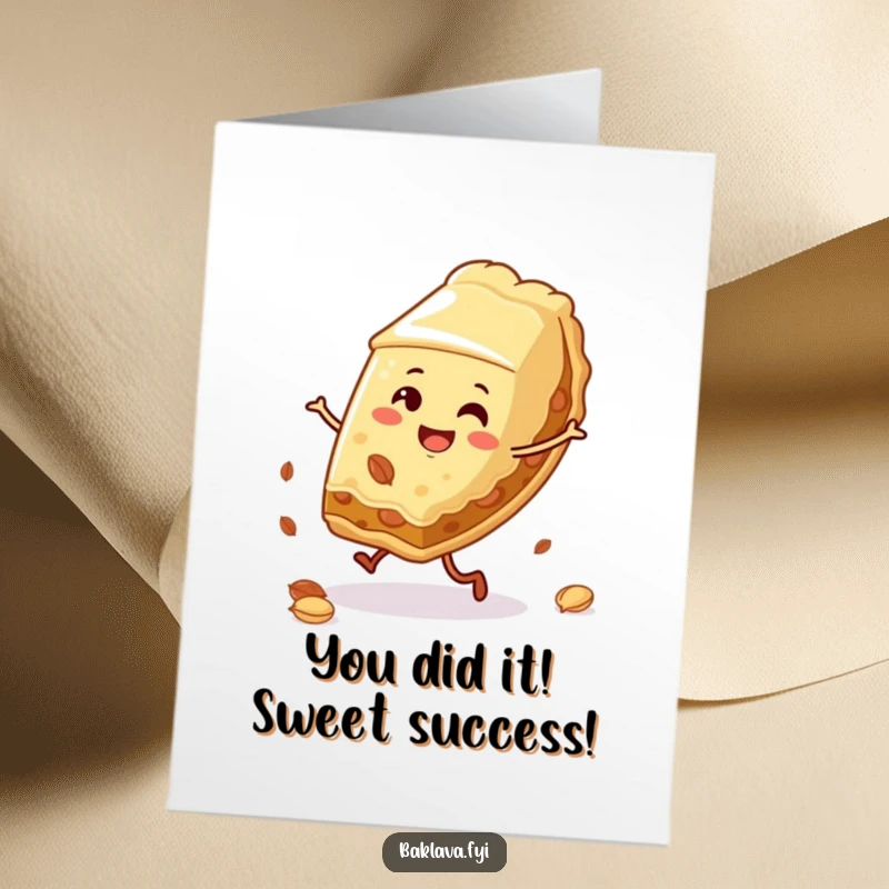 Funny Free Printable Congratulations Card: Energetic baklava does a cartwheel, celebrating a win.