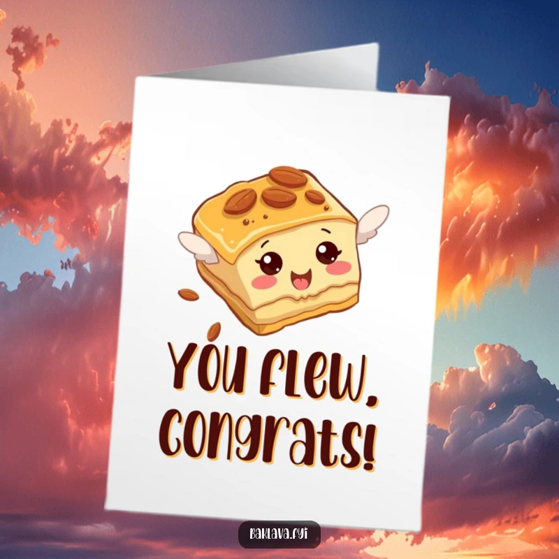 Funny Free Printable Baklava congratulations card depicting an almond Baklava slice hilariously attempting to achieve flight, celebrating big wins.