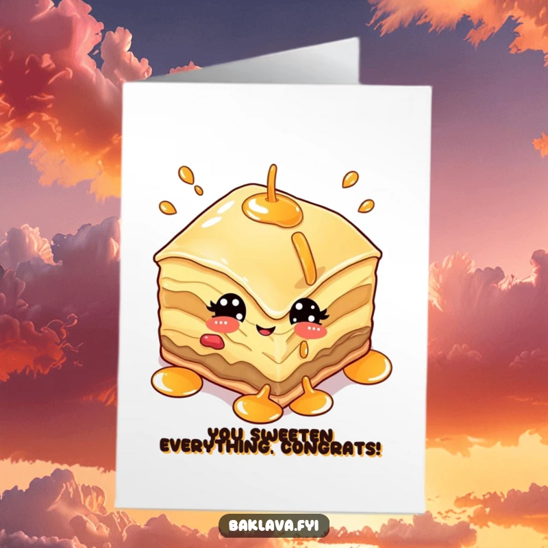 Funny Free Printable Congratulations Card showing a baklava character winking playfully while expertly juggling syrup.