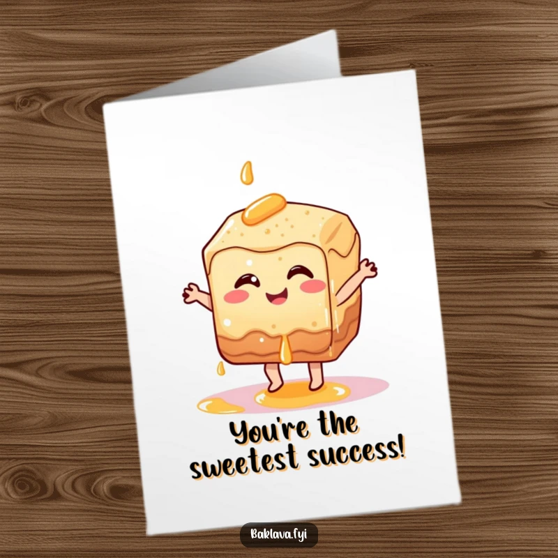 Funny Free Printable Congratulations Card: A smiling baklava slice dancing joyfully with syrup dripping, celebrating victory.