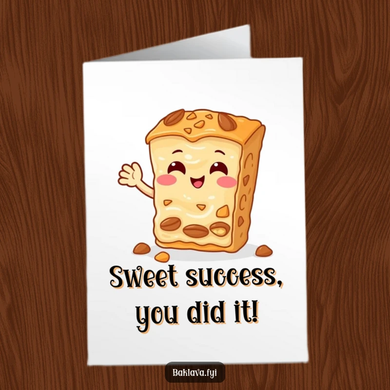 Funny Free Printable Baklava congratulations card showing a cheerful, nutty slice waving hello, perfect for celebrating wins.