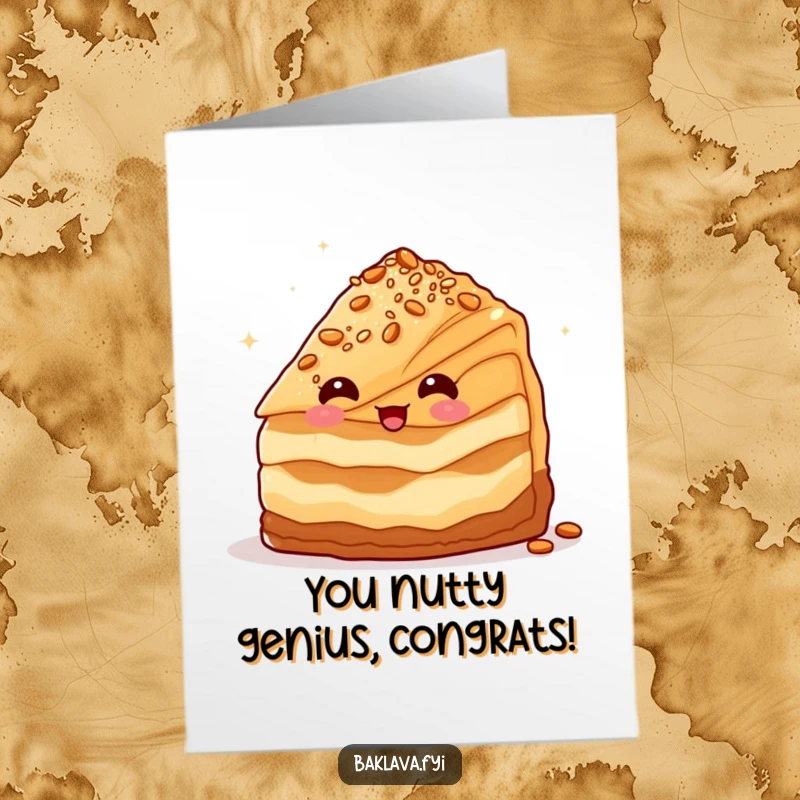 Funny Free Printable Congratulations Card: A baklava slice winks slyly with nuts, celebrating a smart move.