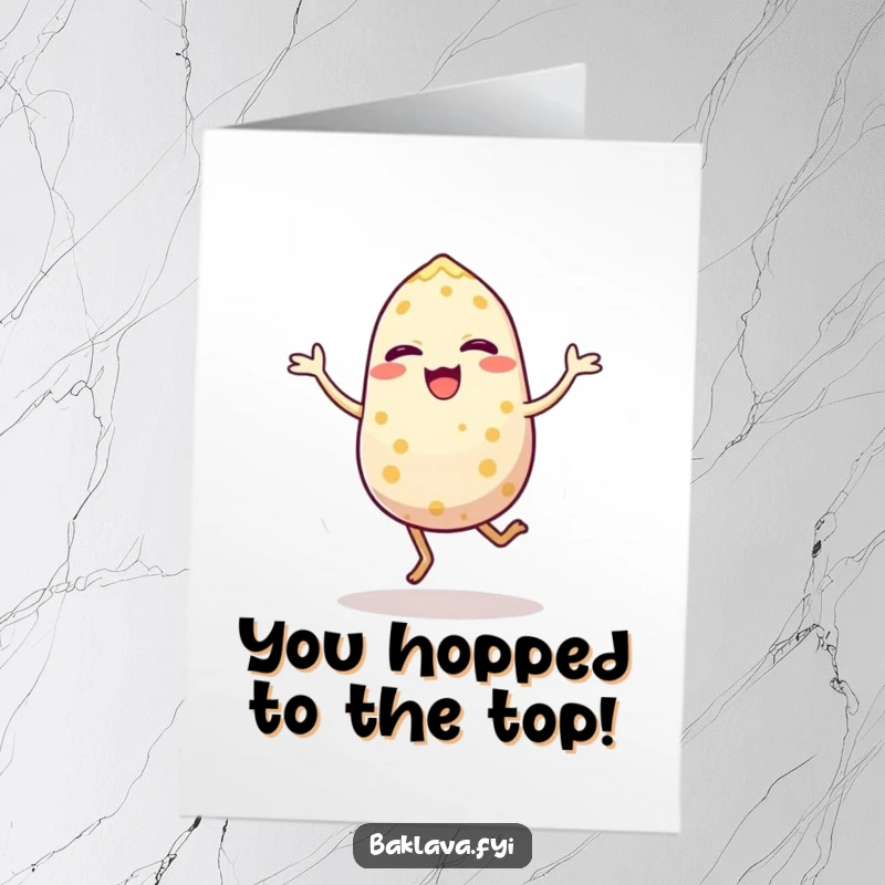 Funny Free Printable Congratulations Card: A tiny sesame seed in mid-air, energetically hopping to celebrate a big success.