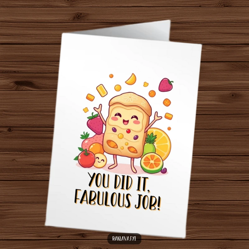 Funny Free Printable Congratulations Card showing a baklava expertly juggling candied fruits, celebrating a grand achievement with flair.