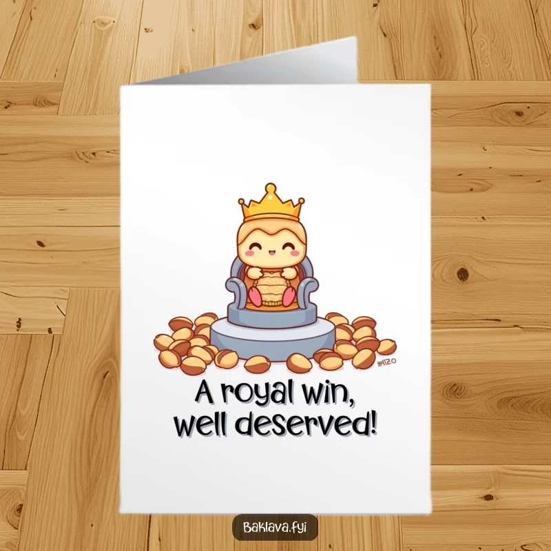Funny Free Printable Congratulations Card featuring a shy baklava with a tiny crown, cautiously occupying a pistachio throne, celebrating victory.
