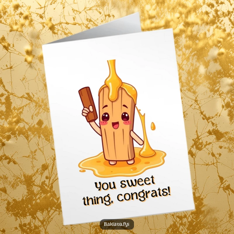 Funny Free Printable Congratulations Card: Cinnamon stick character comically saluting a giant honey drizzle.