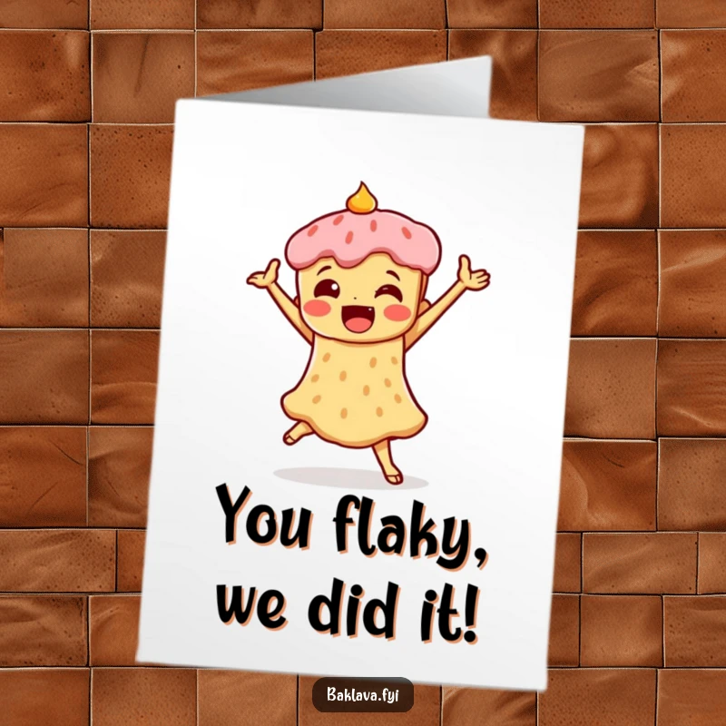 Funny Free Printable Congratulations Card: A baklava character performing a triumphant dance pose.