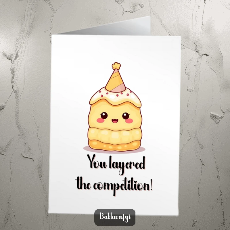 Funny Free Printable Congratulations Card showing a baklava wearing a party hat, perfect for celebrating achievements with sweet humor.