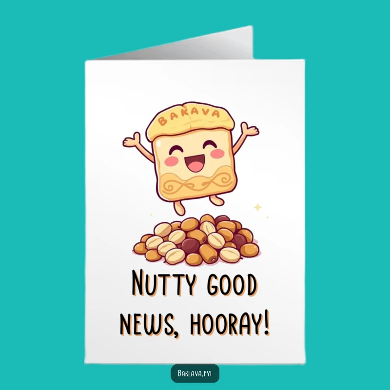 Free Printable Congratulations Card: Joyful Baklava Character Leaping Over Nuts, Downloadable
