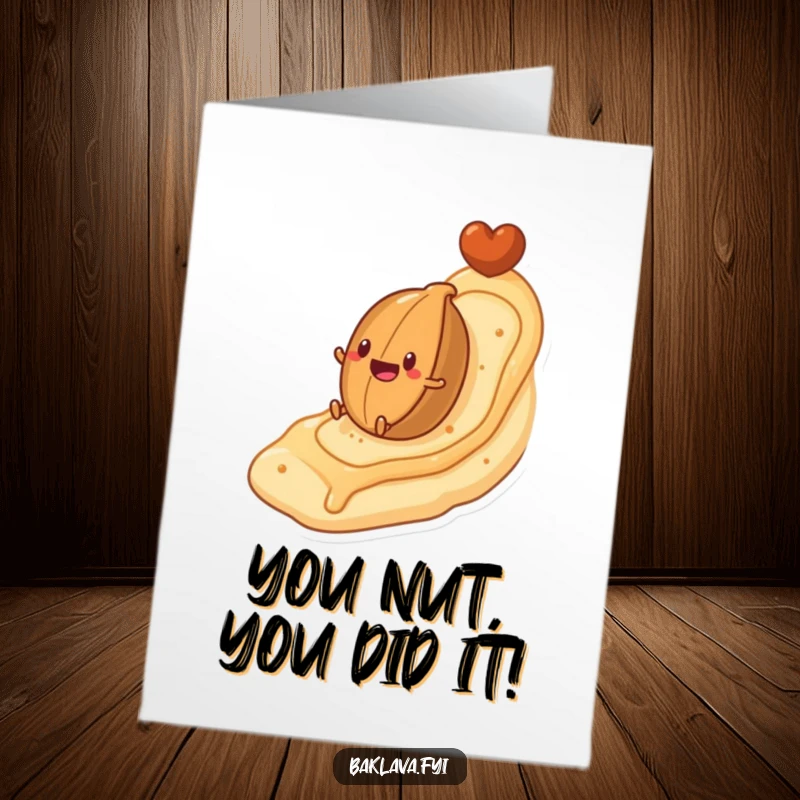 Funny Free Printable Congratulations Card: A nut character excitedly rolling down a flaky pastry-shaped hill.