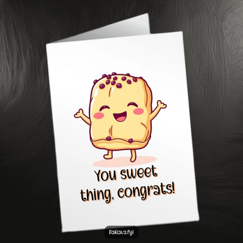 Funny free printable congratulations card showing a happy baklava pastry performing an energetic dance, celebrating a momentous occasion.