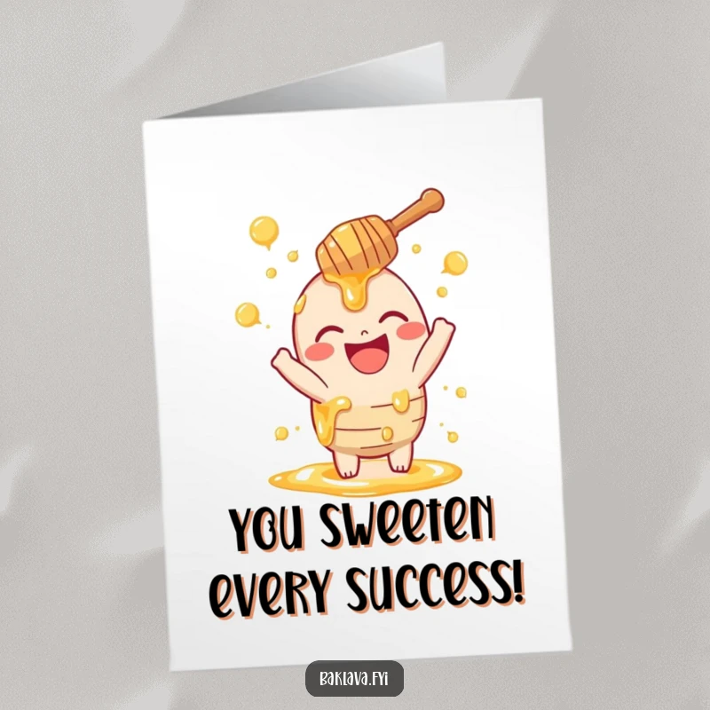 Funny Free Printable Honey Dipper Congratulations Card: A laughing honey dipper playfully sprinkling celebratory swirls.