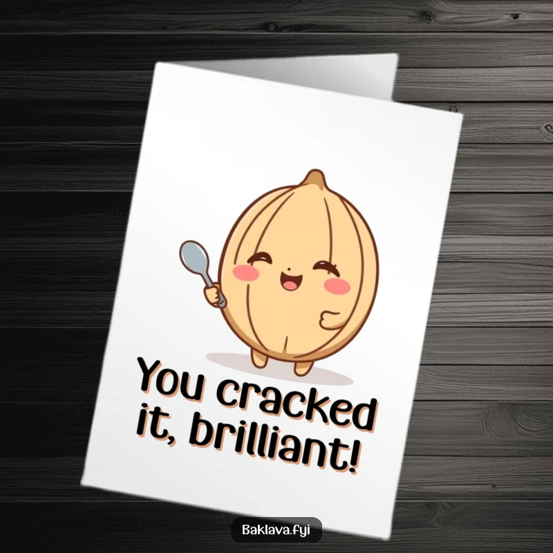 Funny Free Printable Walnut Congratulations Card: A happy walnut winking and holding a tiny spoon in celebration.