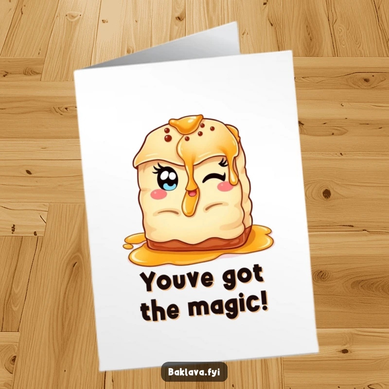 Funny Free Printable Winking Baklava Congratulations Card: Pastry winking coyly while offering a sweet syrup drizzle.
