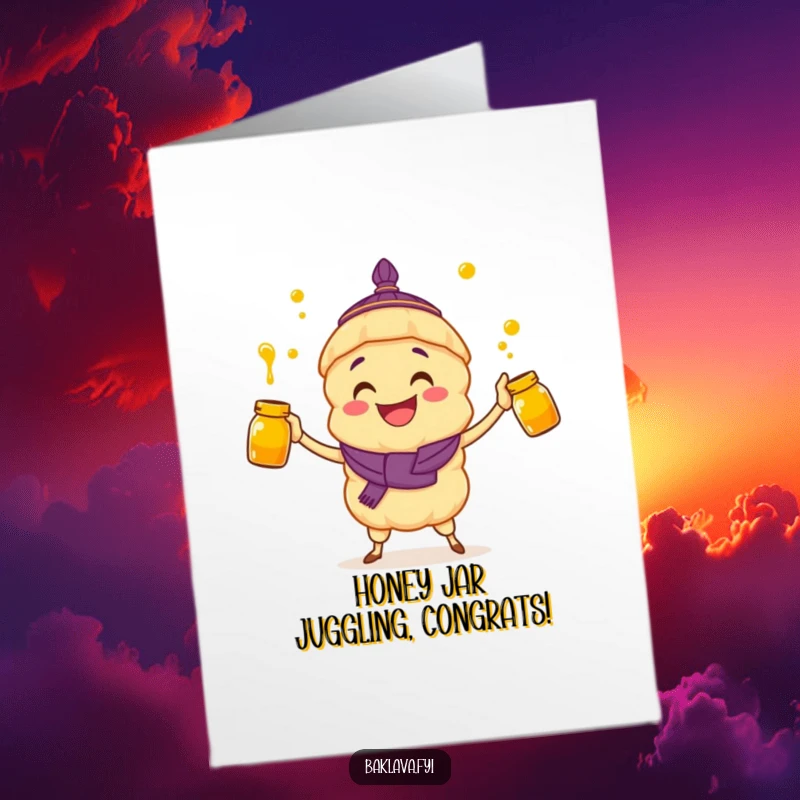 Free Printable Congratulations Card: A delighted baklava character expertly juggles multiple honey jars.