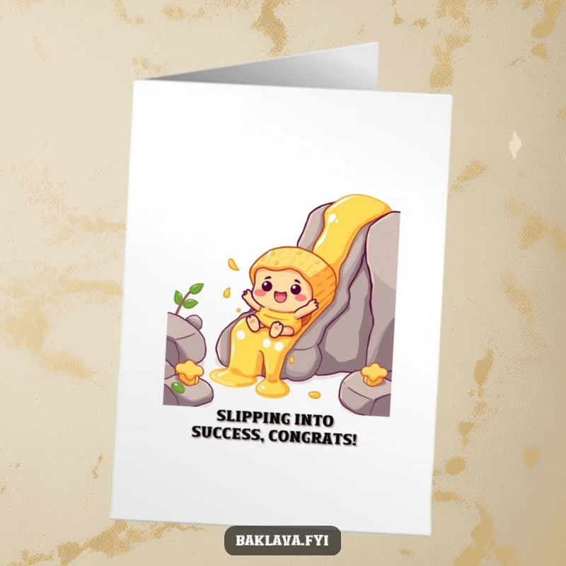 Funny Free Printable Congratulations Card: Cheerful baklava slides down a honey waterfall, celebrating success.