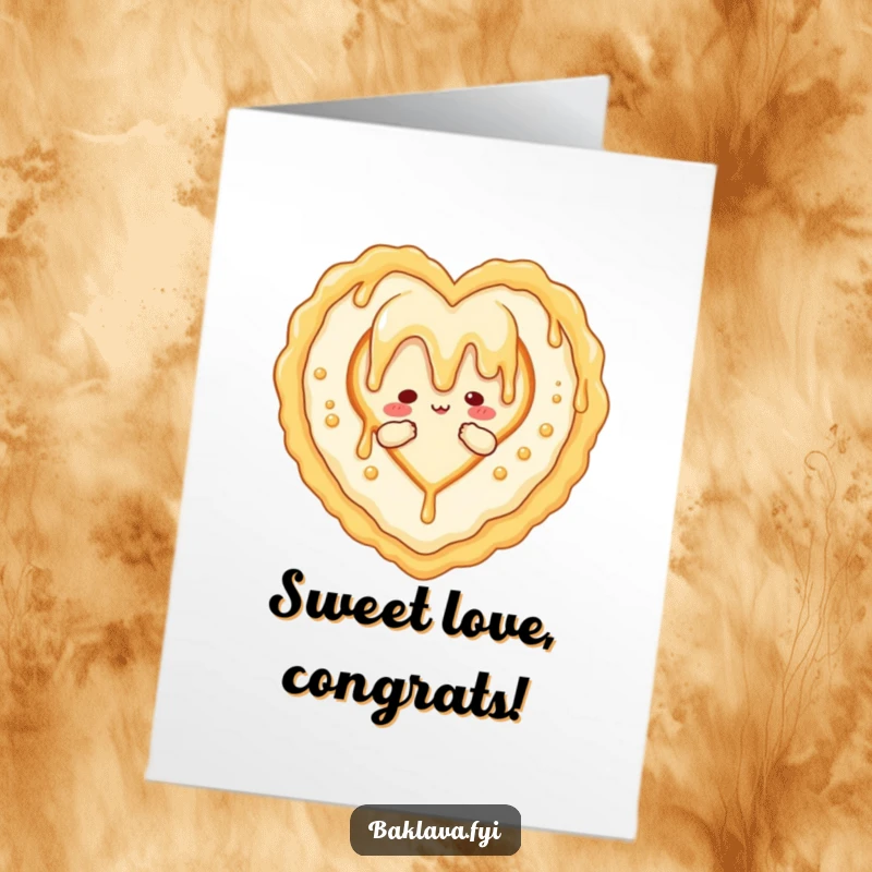 Funny Free Printable Congratulations Card: Honey drizzle forming a heart shape around a baklava.
