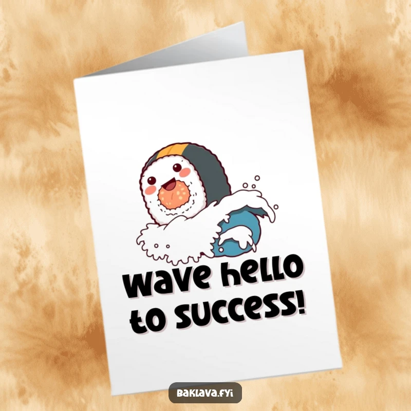 Funny Free Printable Congratulations Card: A delighted sushi roll rides a tiny wave, celebrating a special achievement with humor.