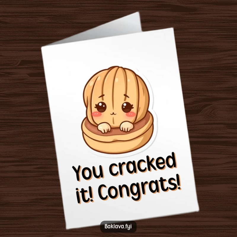 Funny Free Printable Congratulations Card showing a curious walnut character peeking from a pastry, celebrating success.